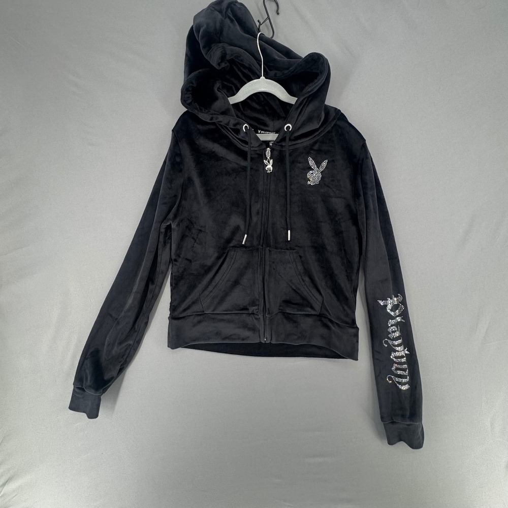 NWT Playboy Women Black Velour Rhinestone Zip Up‎ Hoodie Cropped M PBU38-2102